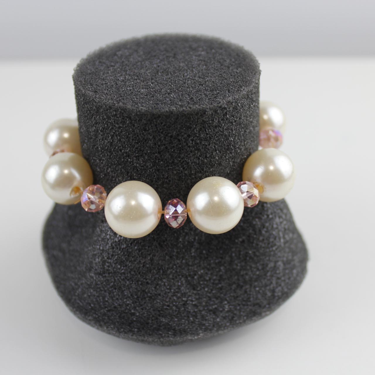 Vintage Faux Pearl & Pink Crystal Bracelet Stretch Beaded Je