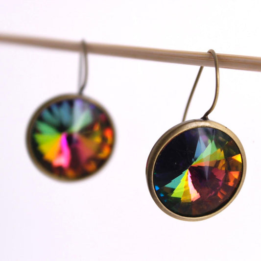 Iridescent Crystal Bronze Tone Round Volcano Drop Earrings Rainbow Faceted Boho