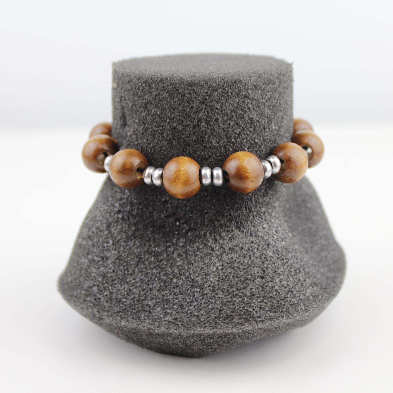 Stretch Wooden Bead Bracelet Brown Silver Spacer Jewelry Fas