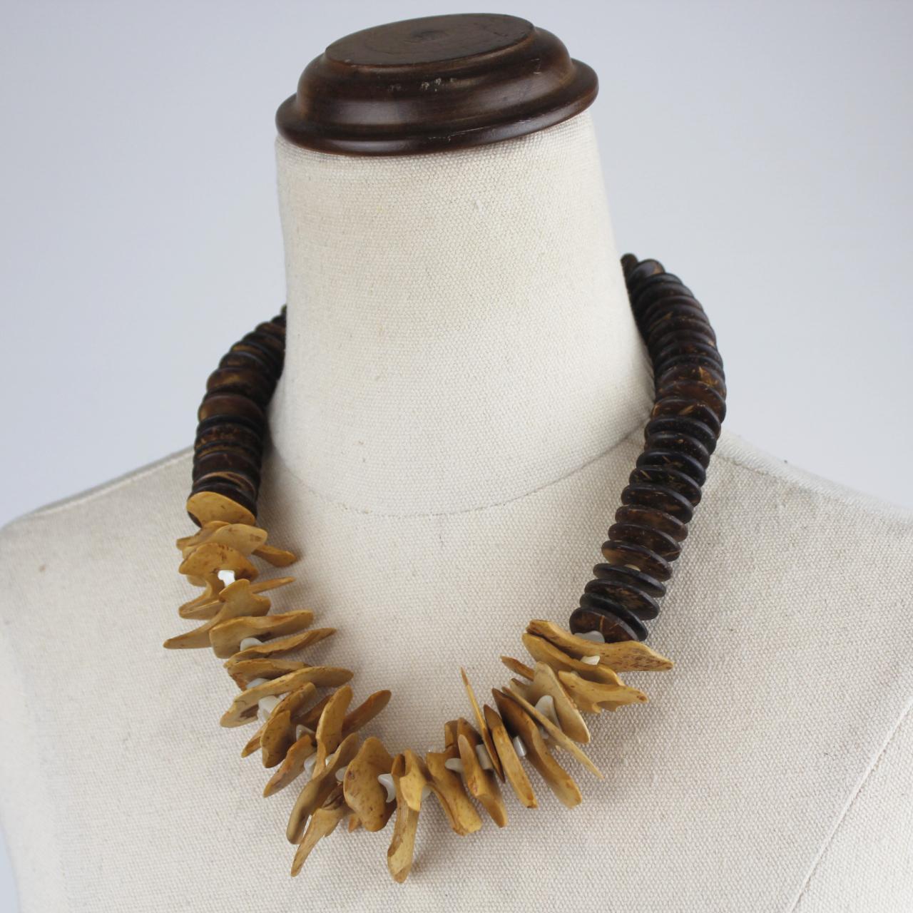 Statement Necklace Dark Brown Beads Tan Organic Pieces Triba