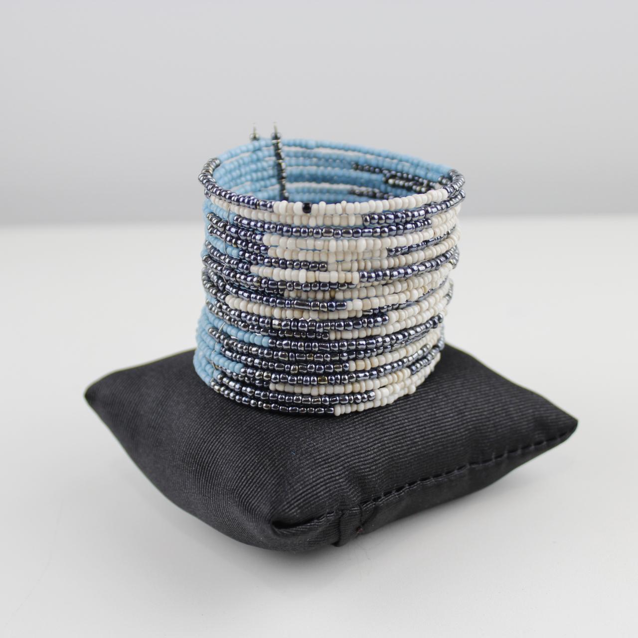 Wide Beaded Cuff Bracelet Blue White Silver Coil Memory Wire