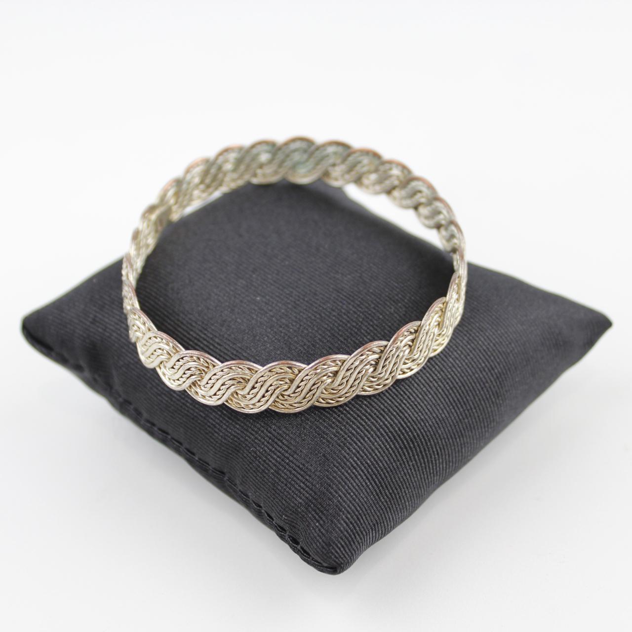 Silver Tone Braided Cuff Bracelet Vintage Style Woven Wire B