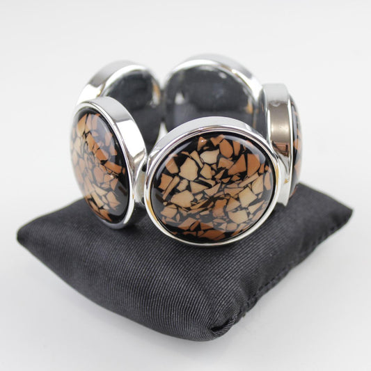 Bold Cabochon Bracelet Mosaic Inlay Silver Tone Detail  Good