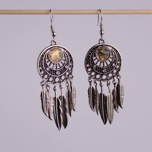 Boho Feather Dangle Earrings Silver Tone Dreamcatcher Style Tribal Gypsy Drop Fa