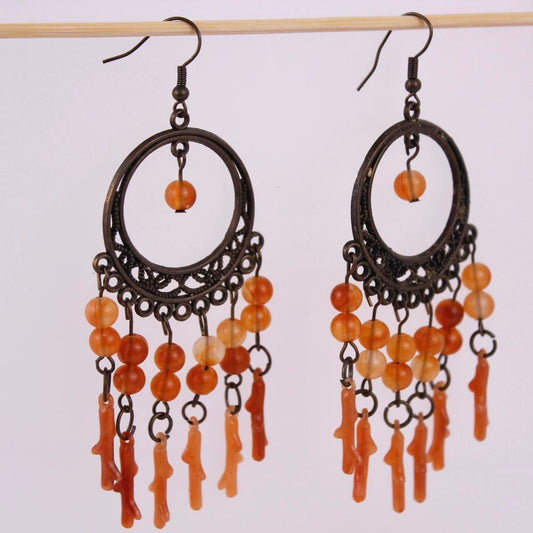Boho Chandelier Hoop Earrings, Bronze tone, Carnelian Orange Beaded Branch Charm