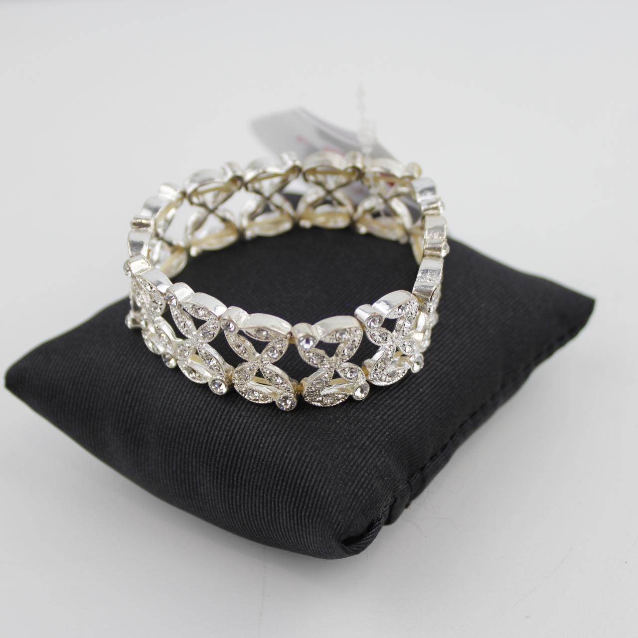 Silver Tone Bracelet Heart Openwork Design Rhinestone Encrus