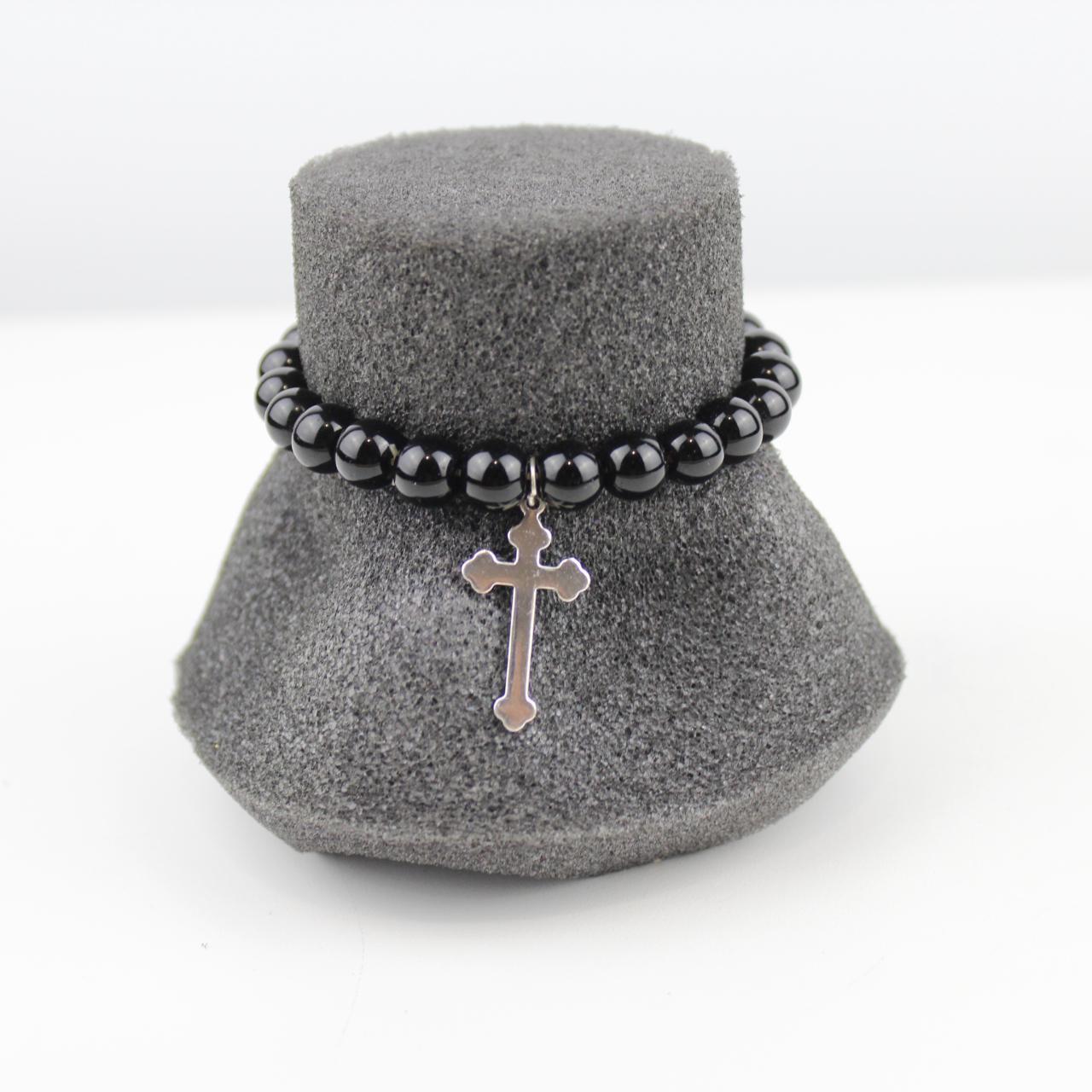 Black Onyx Bead Bracelet Cross Charm Stretch Jewelry Spiritu