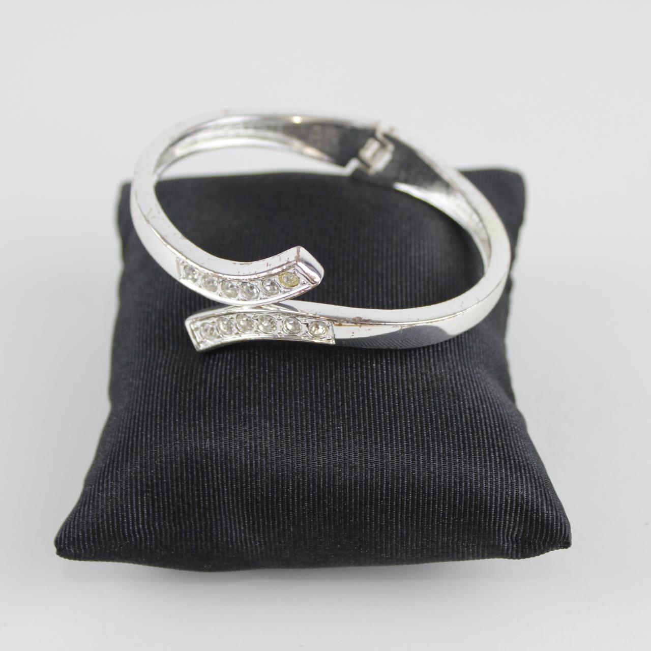 Silver Tone Cuff Bracelet with Rhinestones - Open Work Desig
