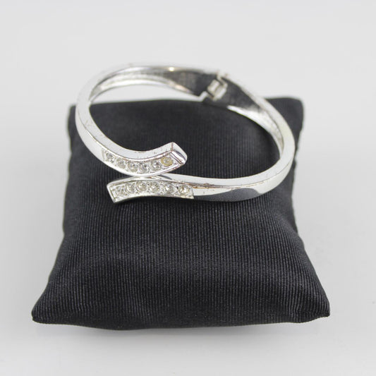 Silver Tone Cuff Bracelet with Rhinestones - Open Work Desig
