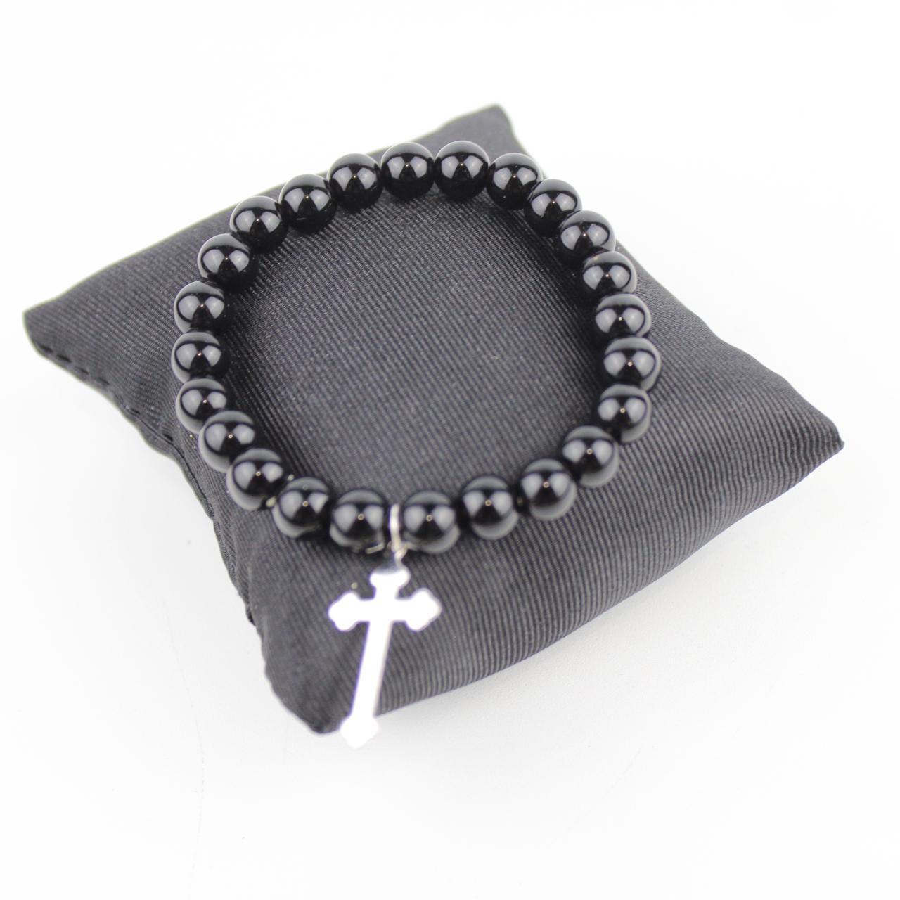 Black Onyx Bead Bracelet Cross Charm Stretch Jewelry Spiritu