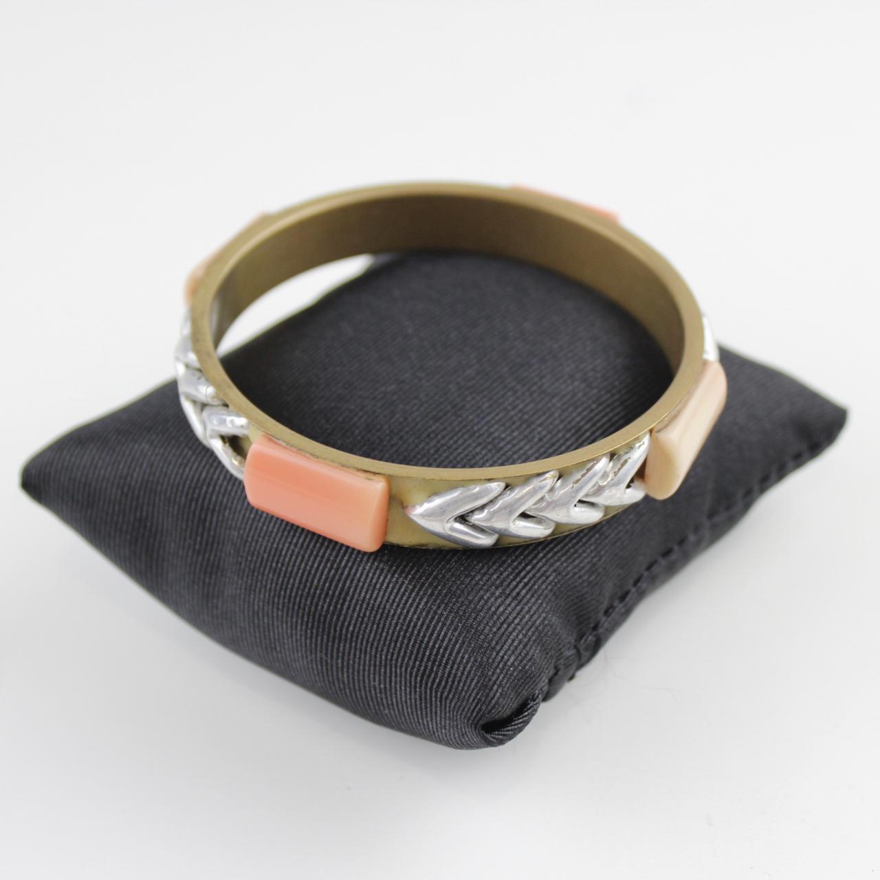 Bohemian Gold-Tone Bangle Bracelet Coral Inlay Silver Chevro