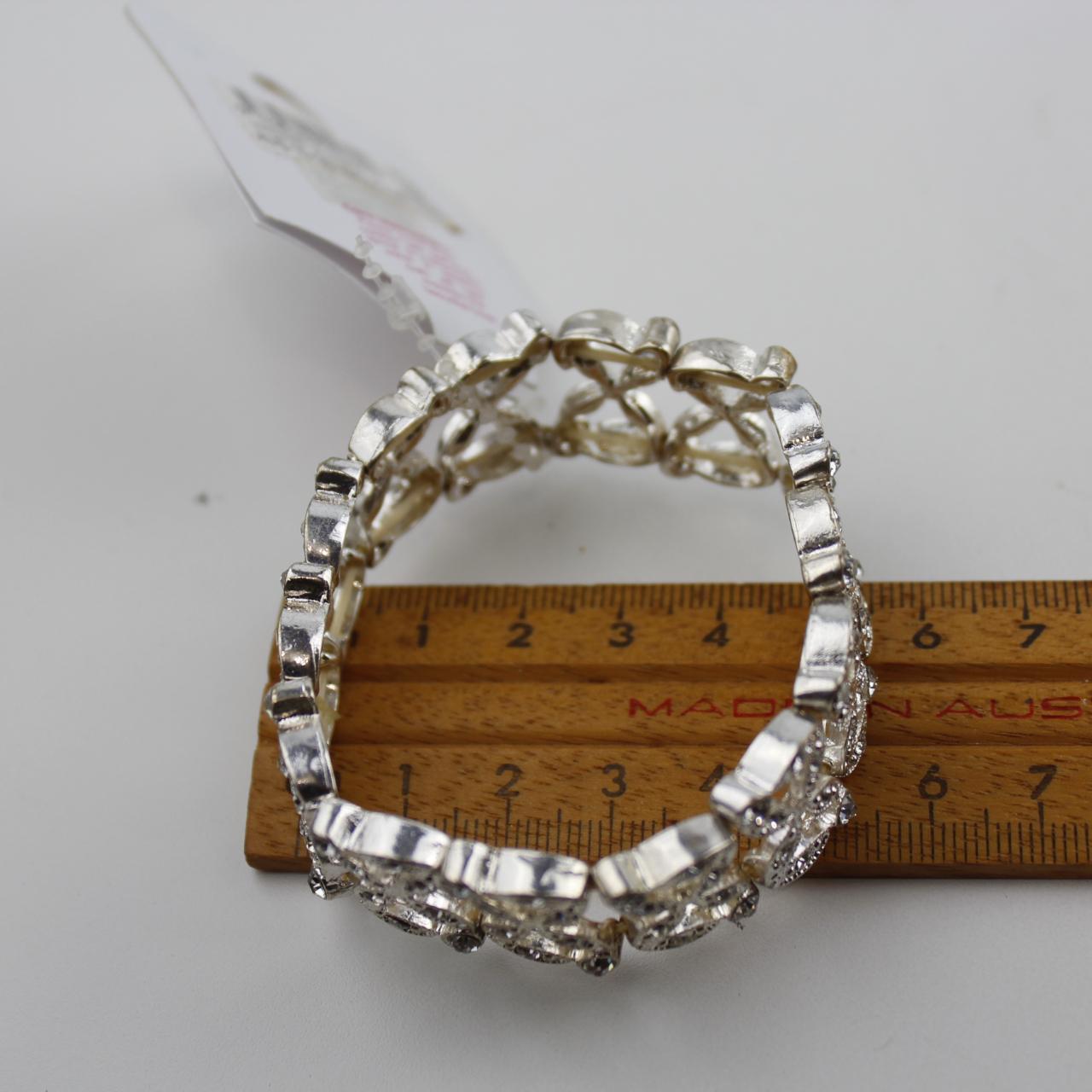 Silver Tone Bracelet Heart Openwork Design Rhinestone Encrus