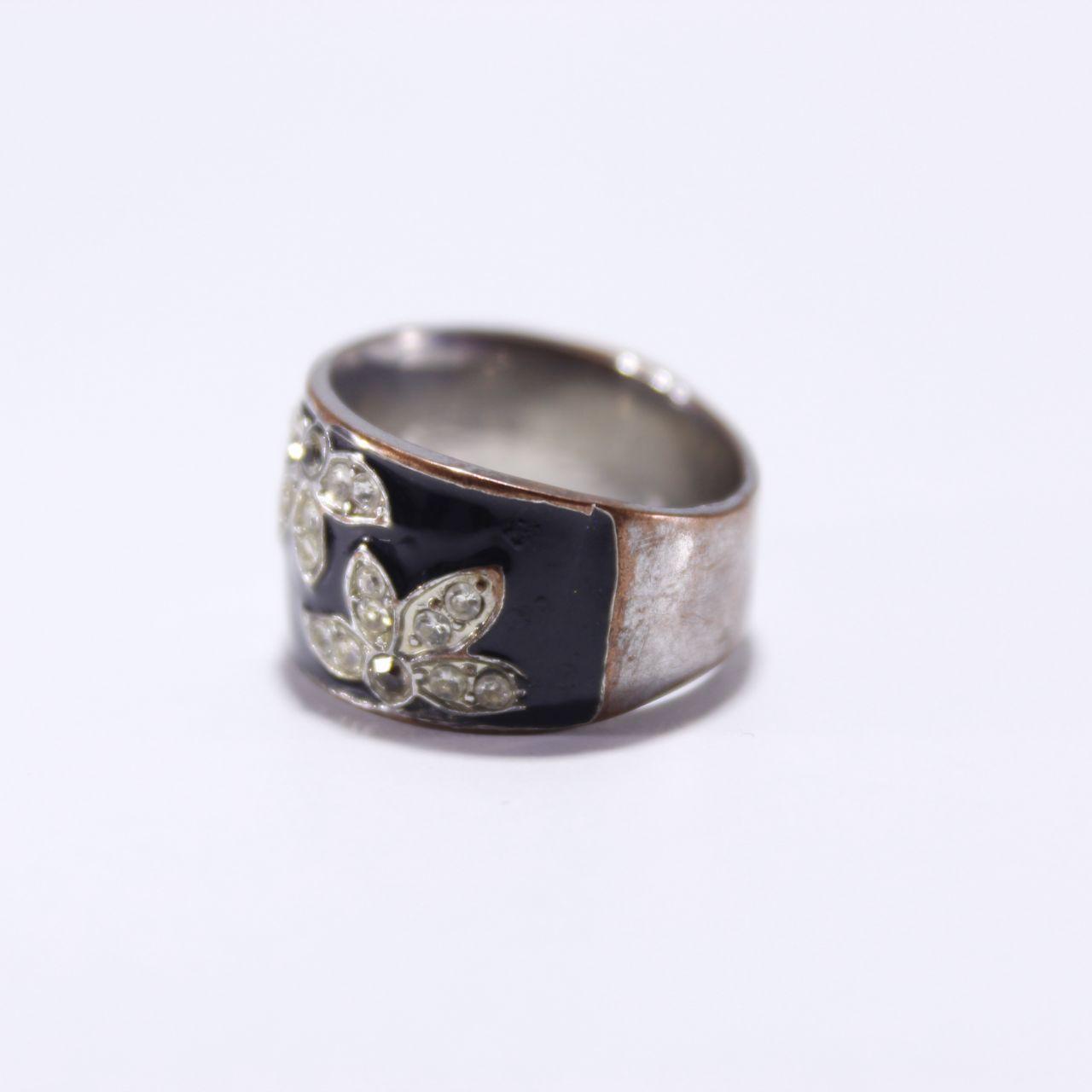 Wide Black Enamel Ring Silver Tone Rhinestone Floral Leaf