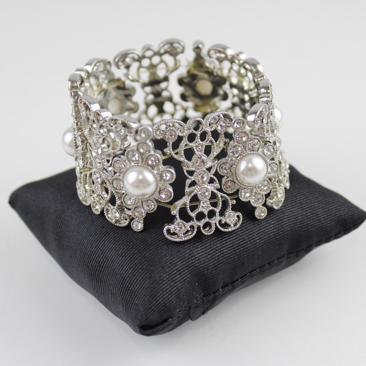 Stretch Bracelet Faux Pearls & Clear Stones Silver Tone Wide