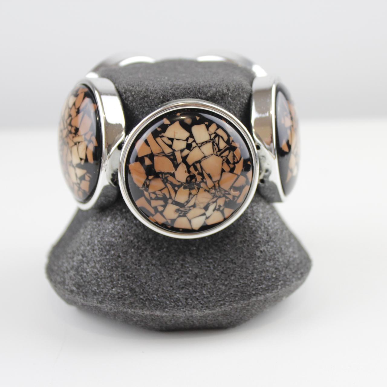 Bold Cabochon Bracelet Mosaic Inlay Silver Tone Detail  Good