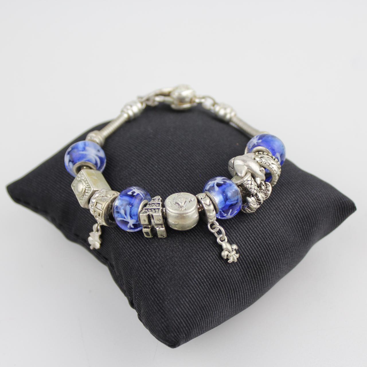 Silver Tone Charm Bracelet Blue Glass Beads Snowflake Clover