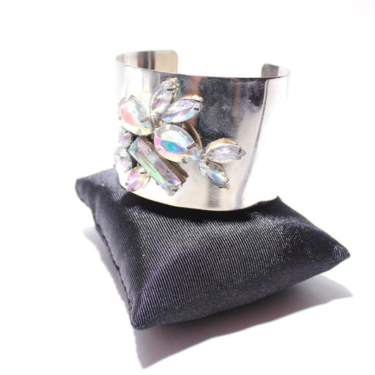 Vintage Silver Moonstone Cuff Bracelet Boho Chic Floral