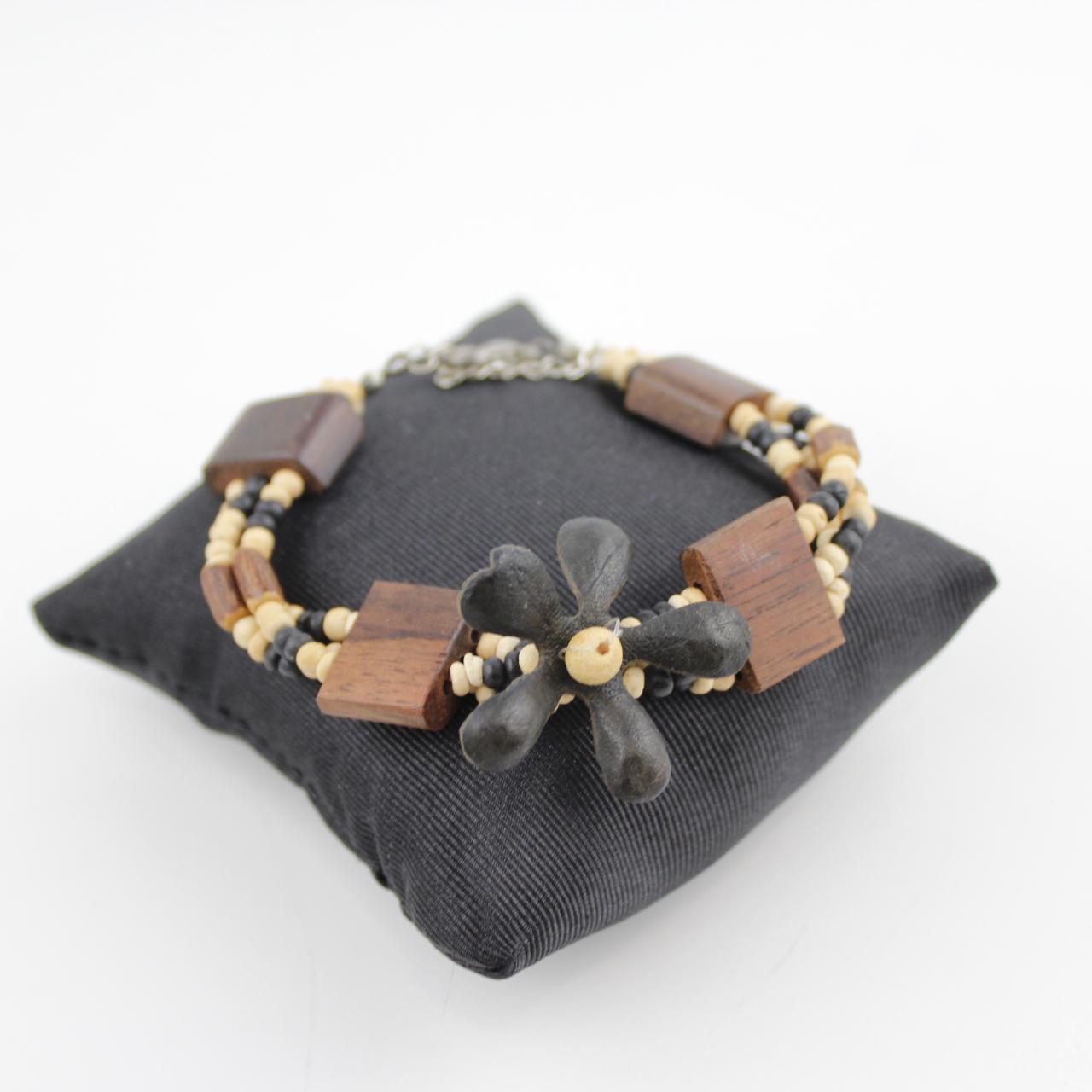 Multi Strand Beaded Bracelet Black White Beige Wooden Beads