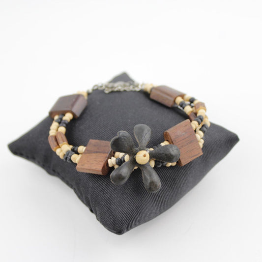Multi Strand Beaded Bracelet Black White Beige Wooden Beads