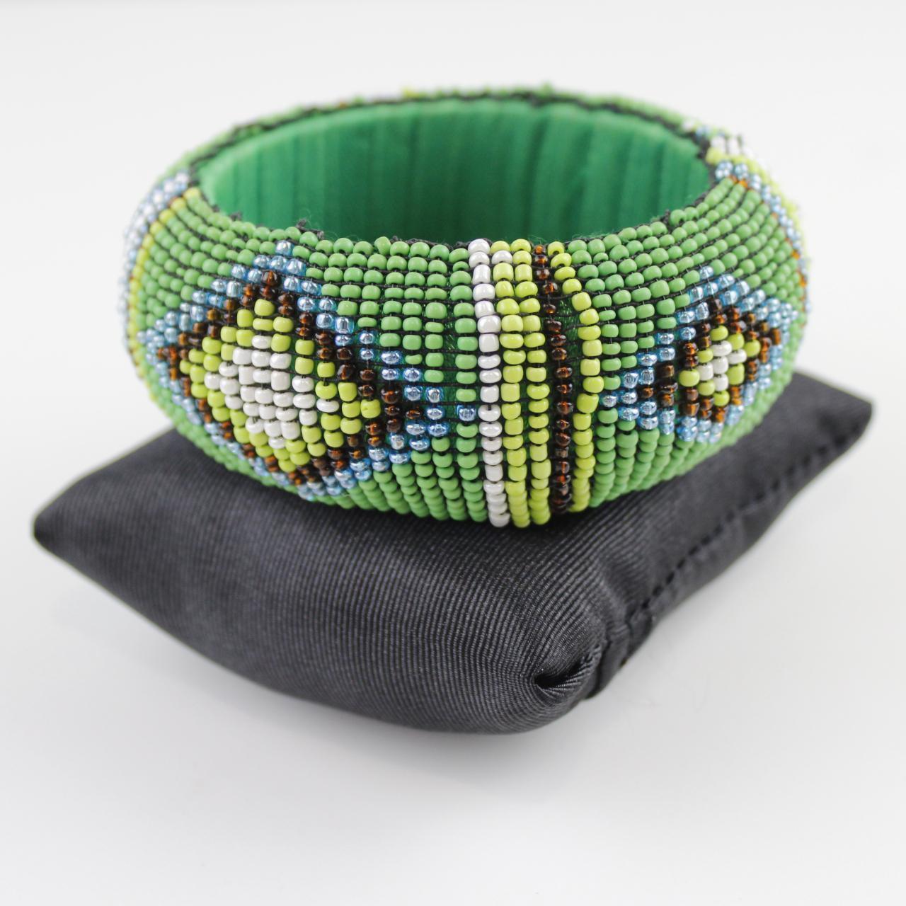Tribal Inspired Seed Bead Bangle - Green, White, Blue, Yello