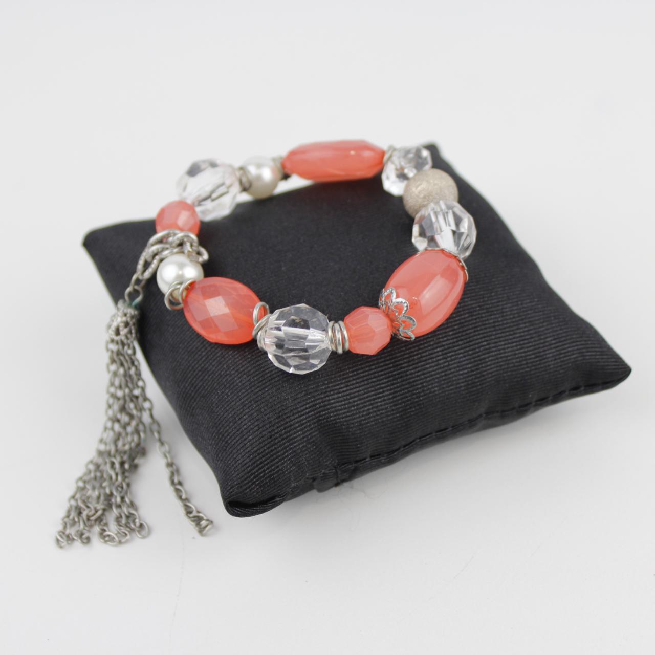 Handmade Coral Bead Bracelet Crystal Pearl Silver Tassel Cha
