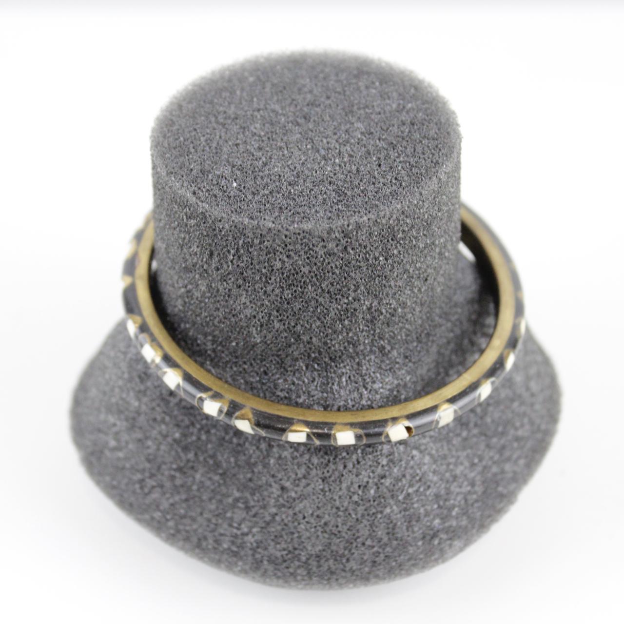 Brass Bangle Bracelet with White Dot Inlay - Unique Design -