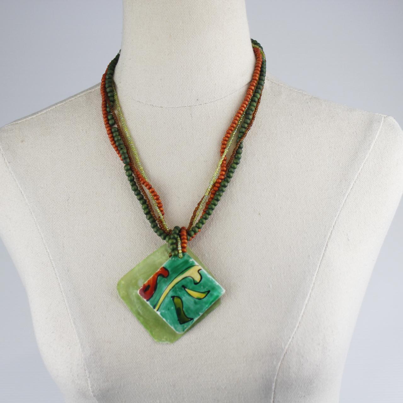 Bohemian Multi Strand Beaded Necklace Green Orange Brown Gla