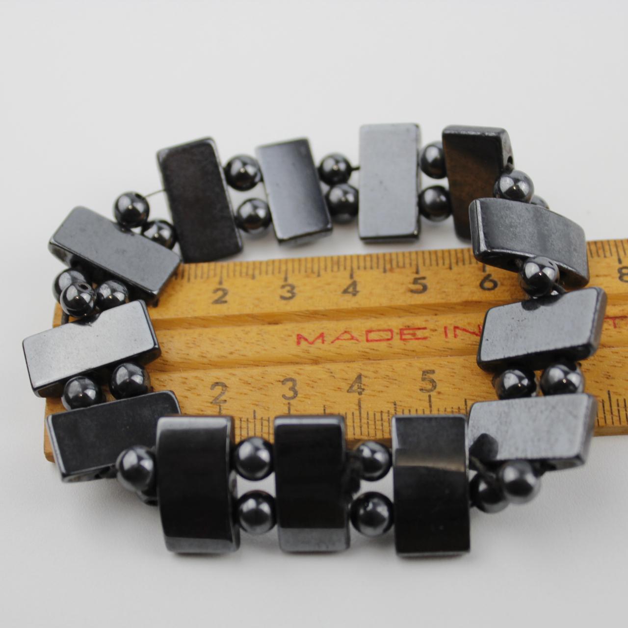 Black Hematite Stretch Bracelet Silver Bead Geometric Jewelr