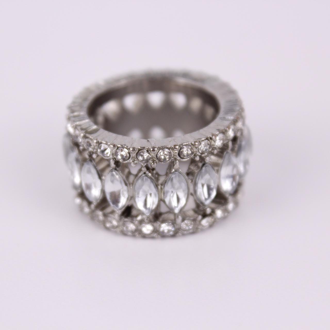 Silver Tone Eternity Band Ring Marquise Cut Faux Crystal Statement Wide Cocktail
