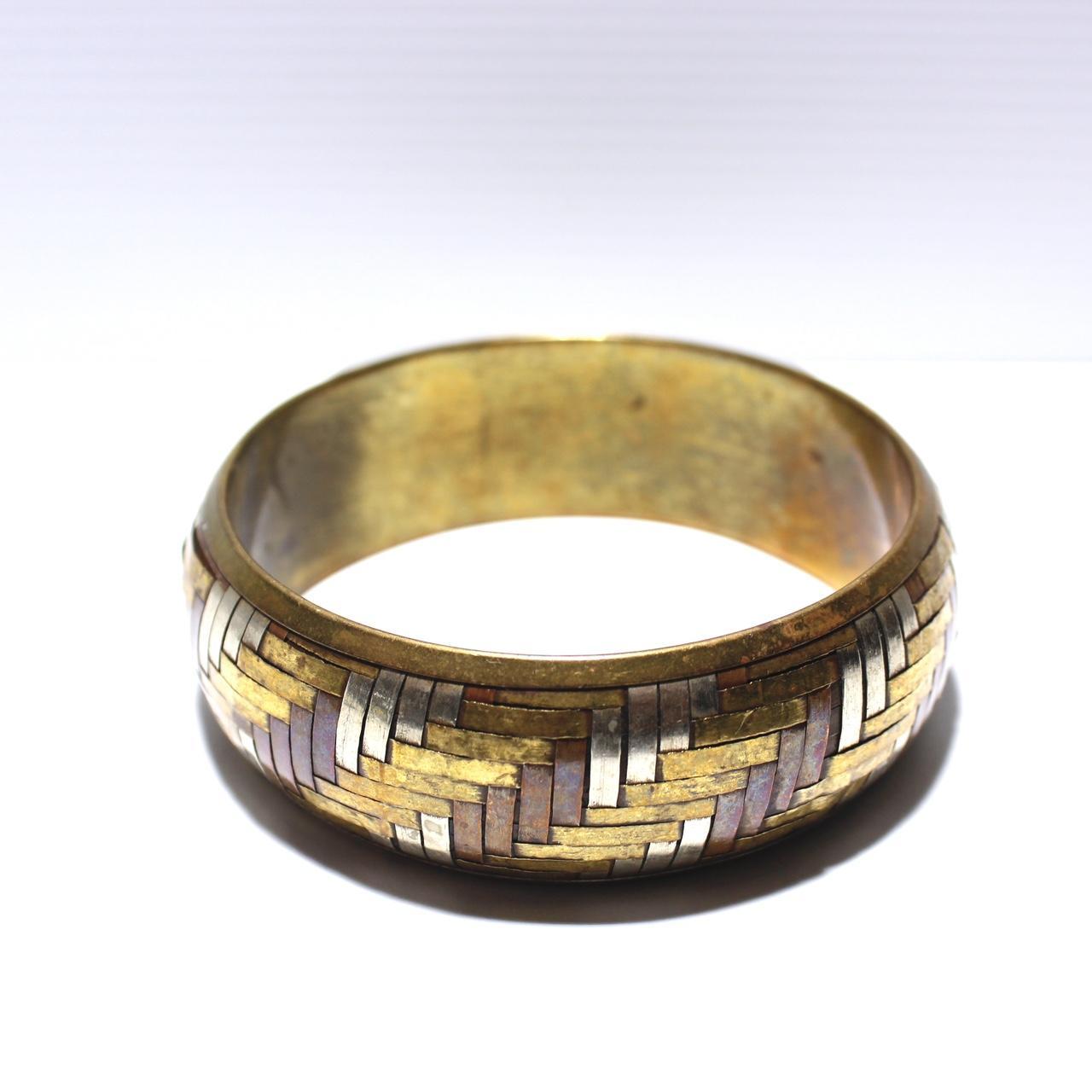 Vintage Tri Tone Woven Basketweave Bangle Bracelet Wide Gold
