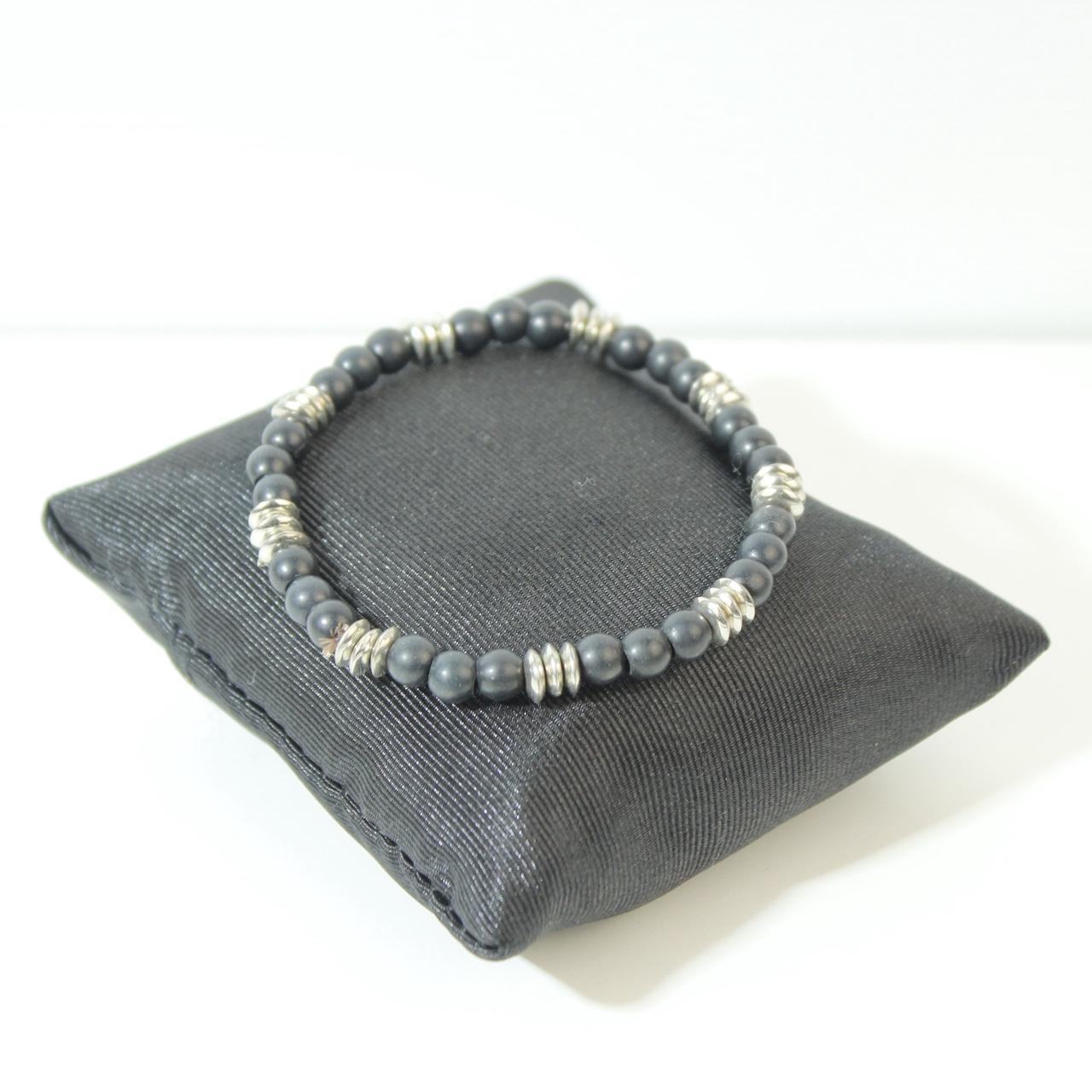 Vintage Hematite Beaded Stretch Bracelet Silver Tone Barrel Spacers Natural