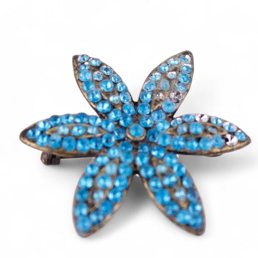 Blue Rhinestone Flower Brooch Silver Tone Antique Style Floral Pin  Good pre-lov