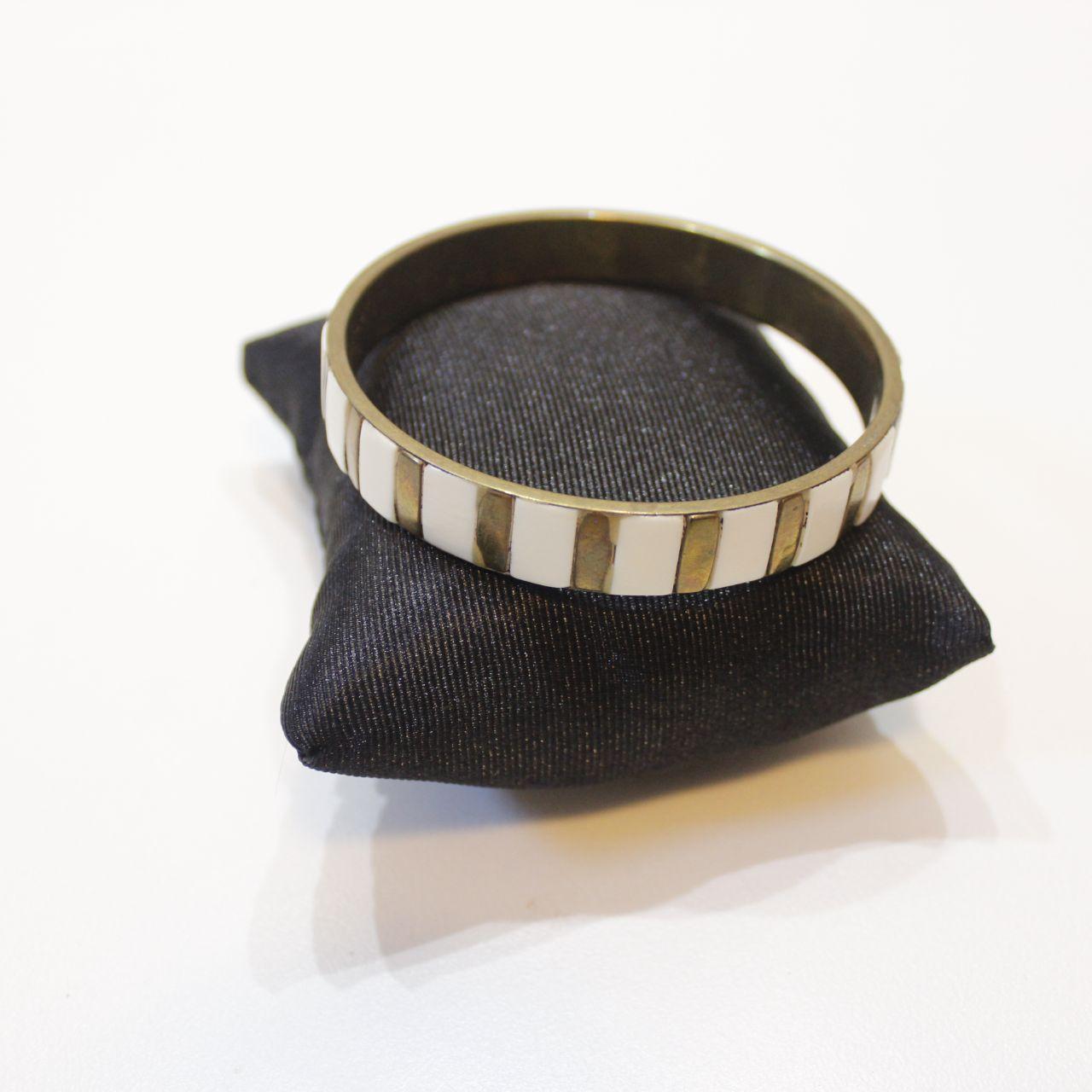 Striped Bangle Bracelet White Enamel Gold Tone Brass Look Fa