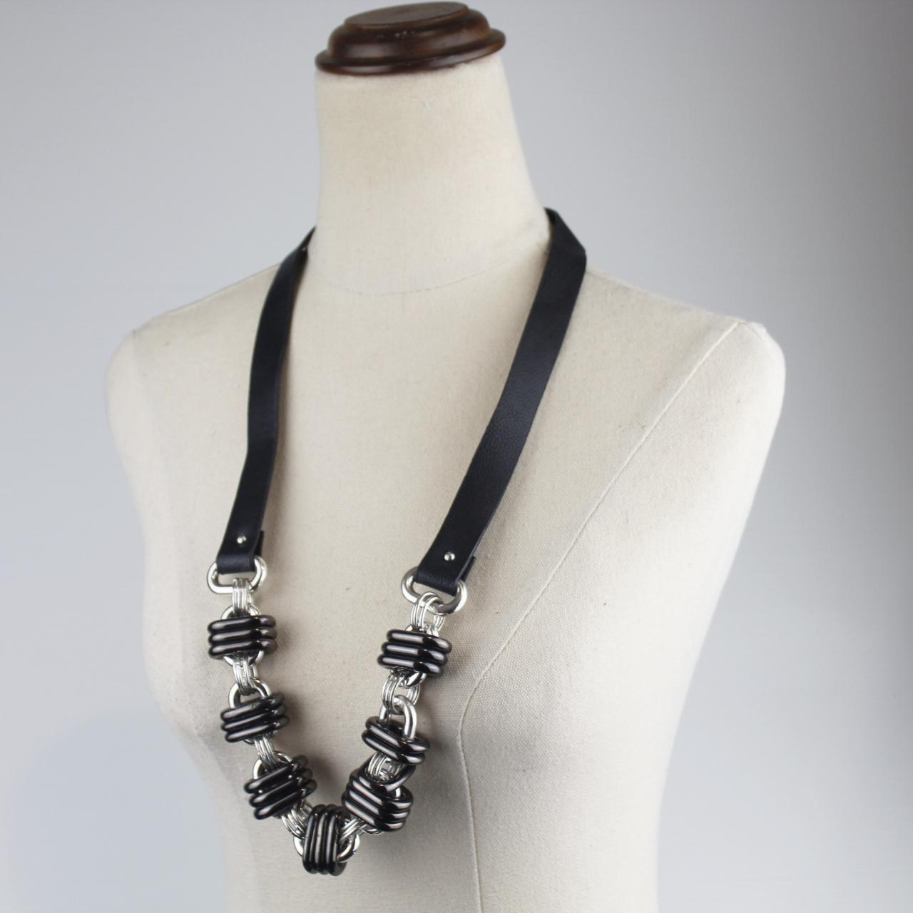 Decjuba Statement Necklace Black Leather Silver Black Cylind