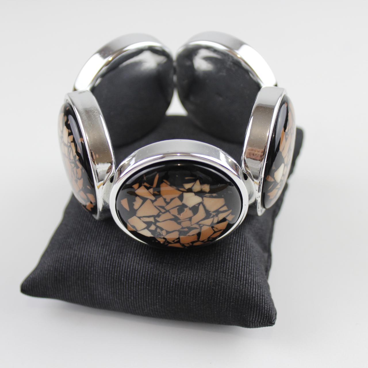Bold Cabochon Bracelet Mosaic Inlay Silver Tone Detail  Good
