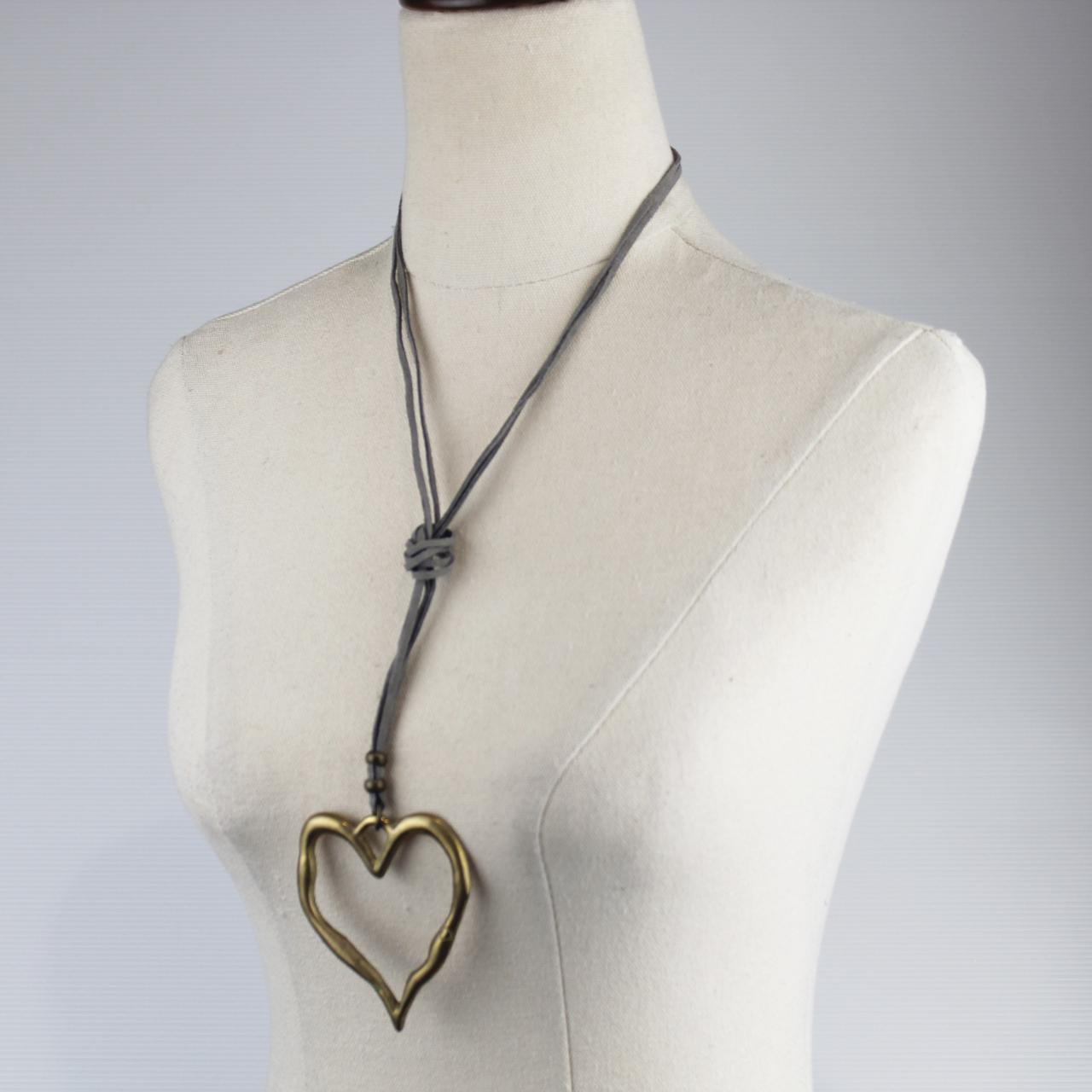 Long Pendant Necklace Gray Cord Gold Heart Pendant Rustic Ha
