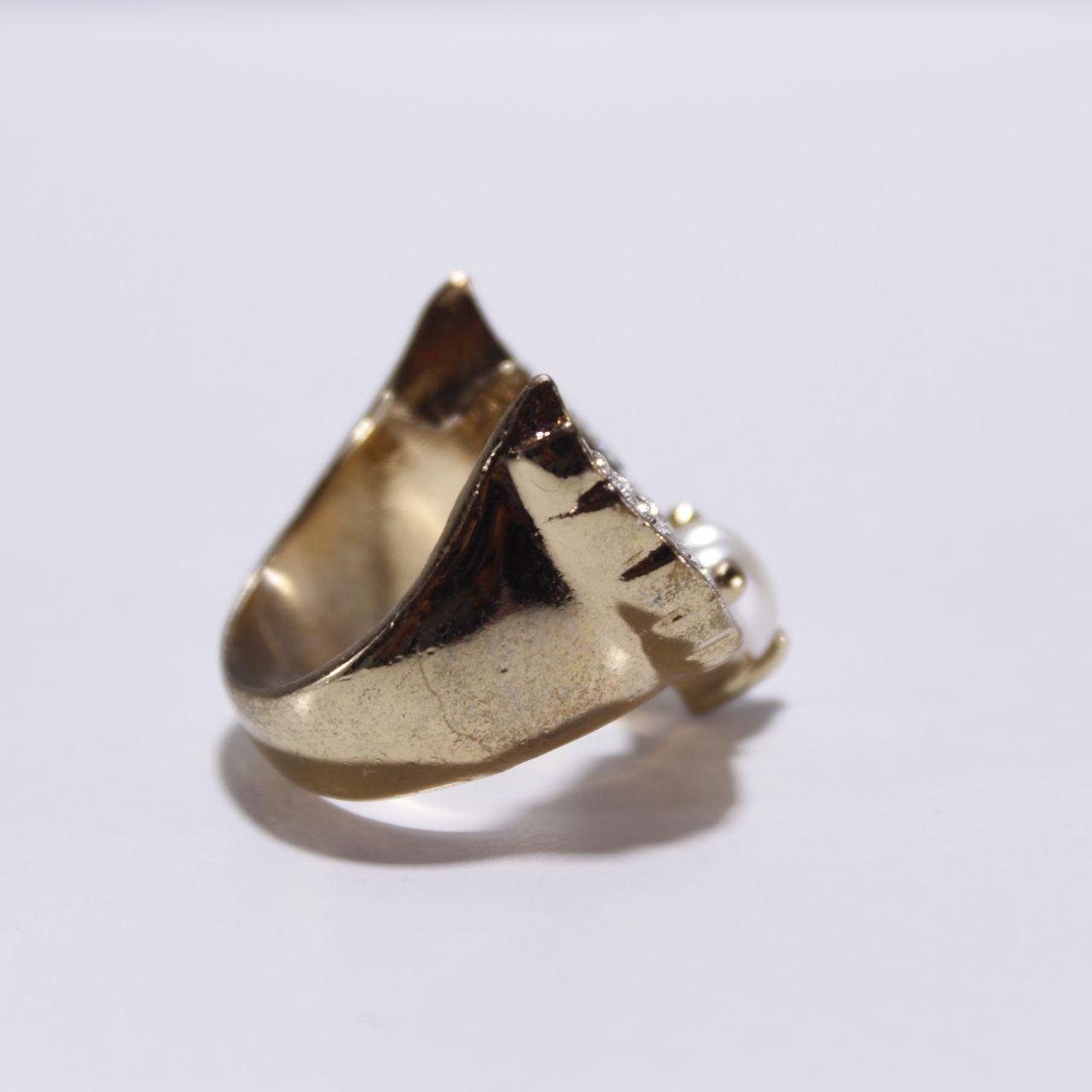 Gold Tone Angel Wing Ring Pave Rhinestone Faux Pearl