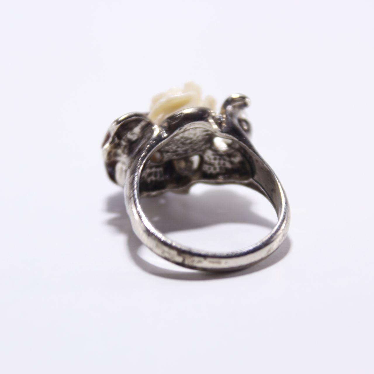 Silver Tone Ring Two Tone Resin Rose Floral Victorian Style