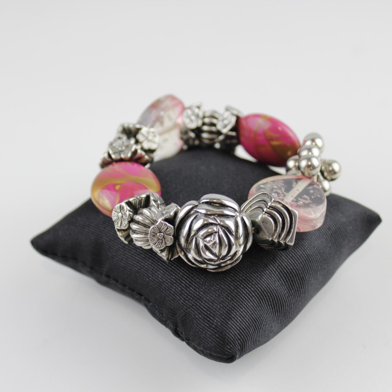 Eclectic Bead Stretch Bracelet - Pink & Clear Stones - Silve