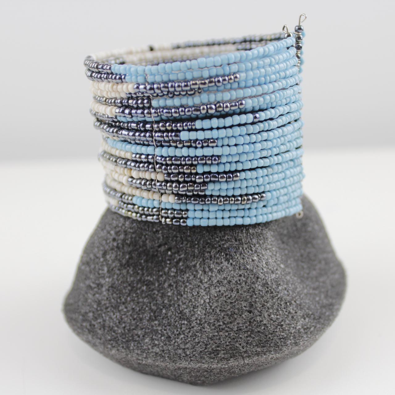 Wide Beaded Cuff Bracelet Blue White Silver Coil Memory Wire