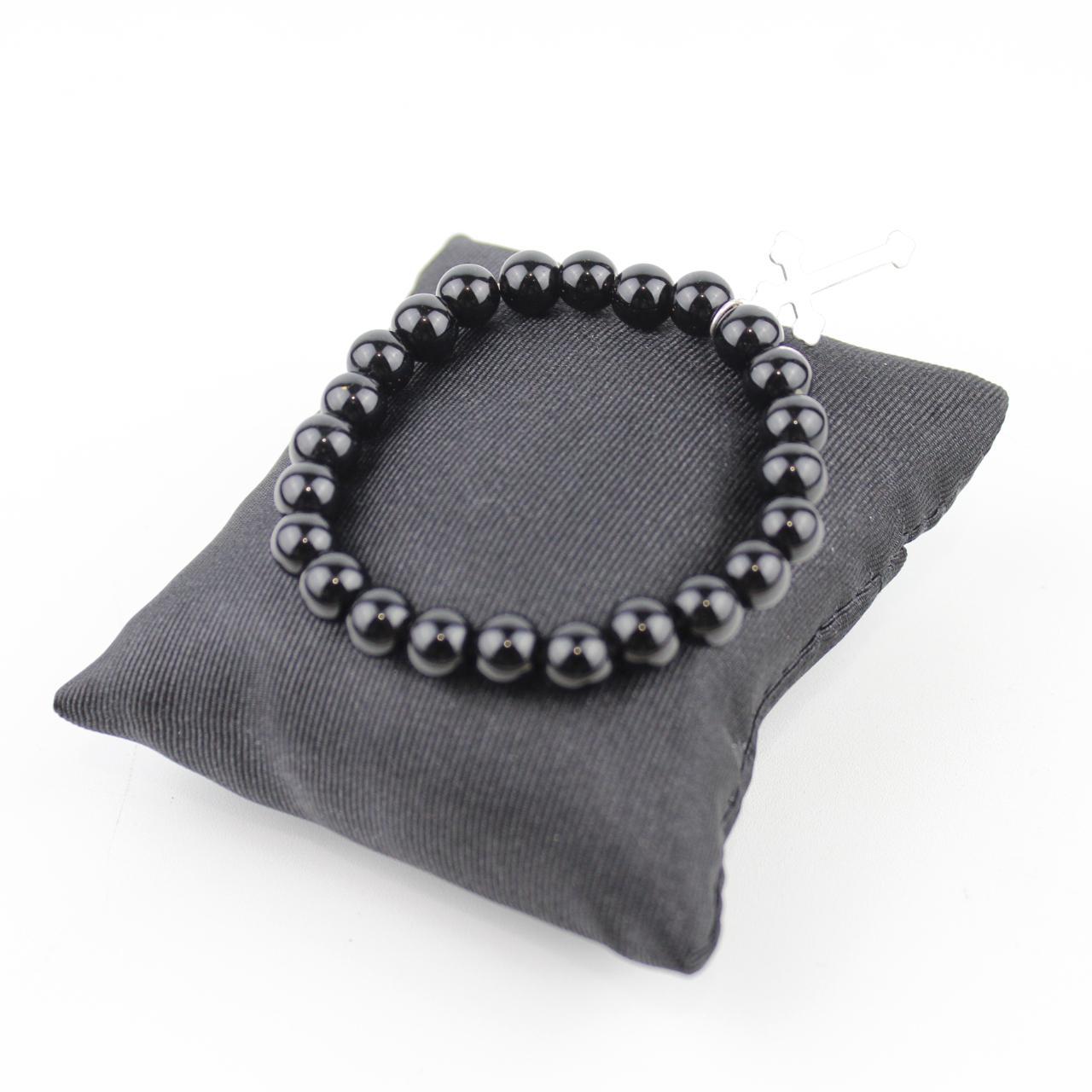 Black Onyx Bead Bracelet Cross Charm Stretch Jewelry Spiritu