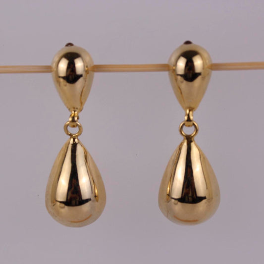 Gold tone Tear Drop Dangle Clip On Earrings Polished Modernist Minimalist Statem