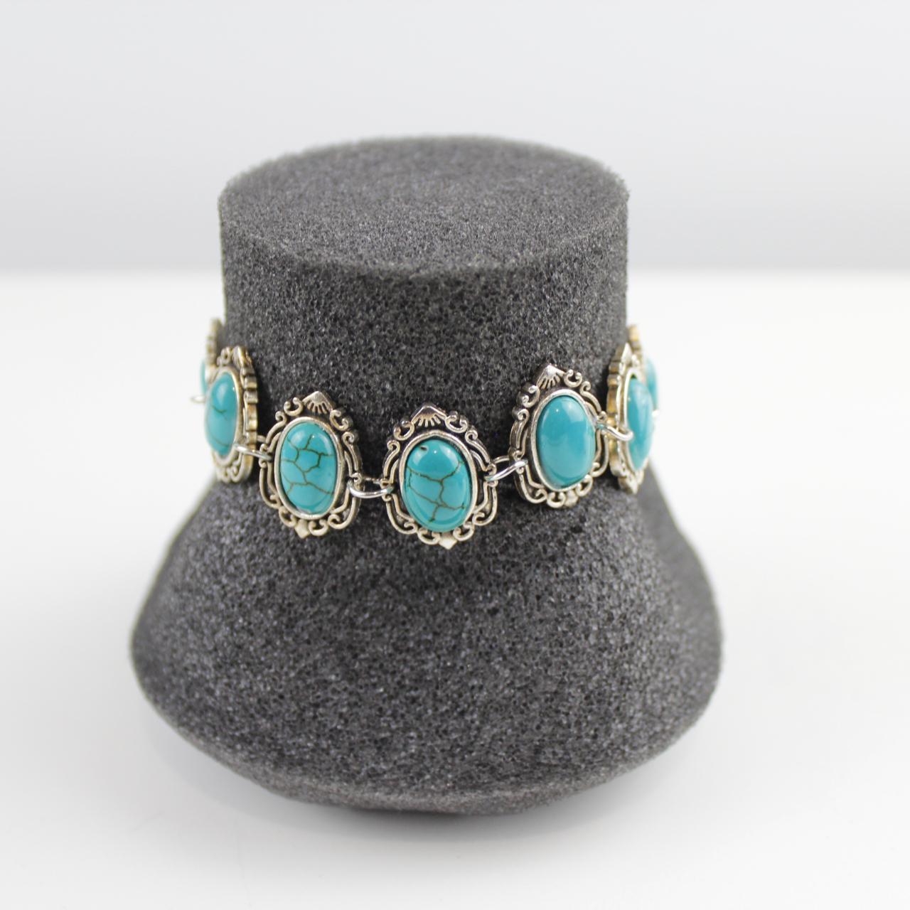 Vintage Turquoise & Silver colour Bracelet Oval Boho Stateme
