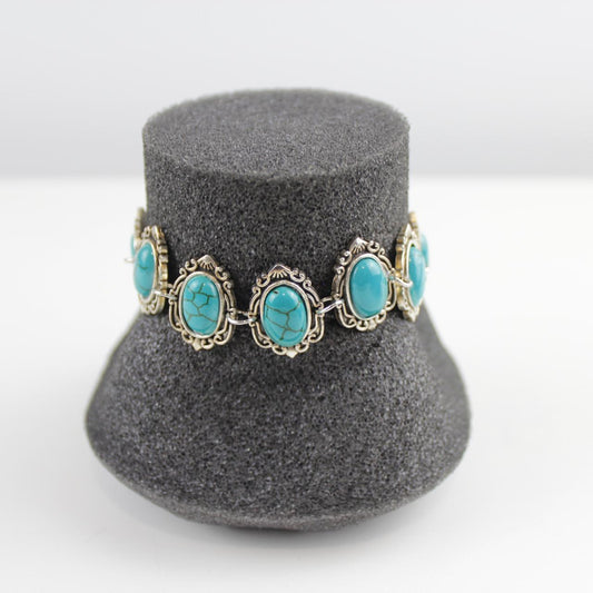 Vintage Turquoise & Silver colour Bracelet Oval Boho Stateme