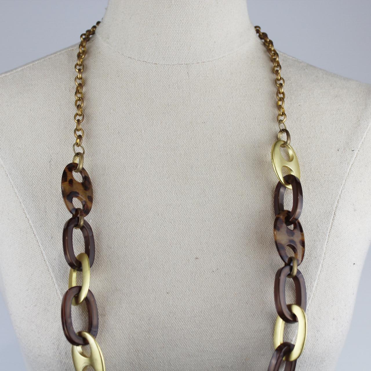 Long Statement Necklace Tortoiseshell Gold Links Modern Fash