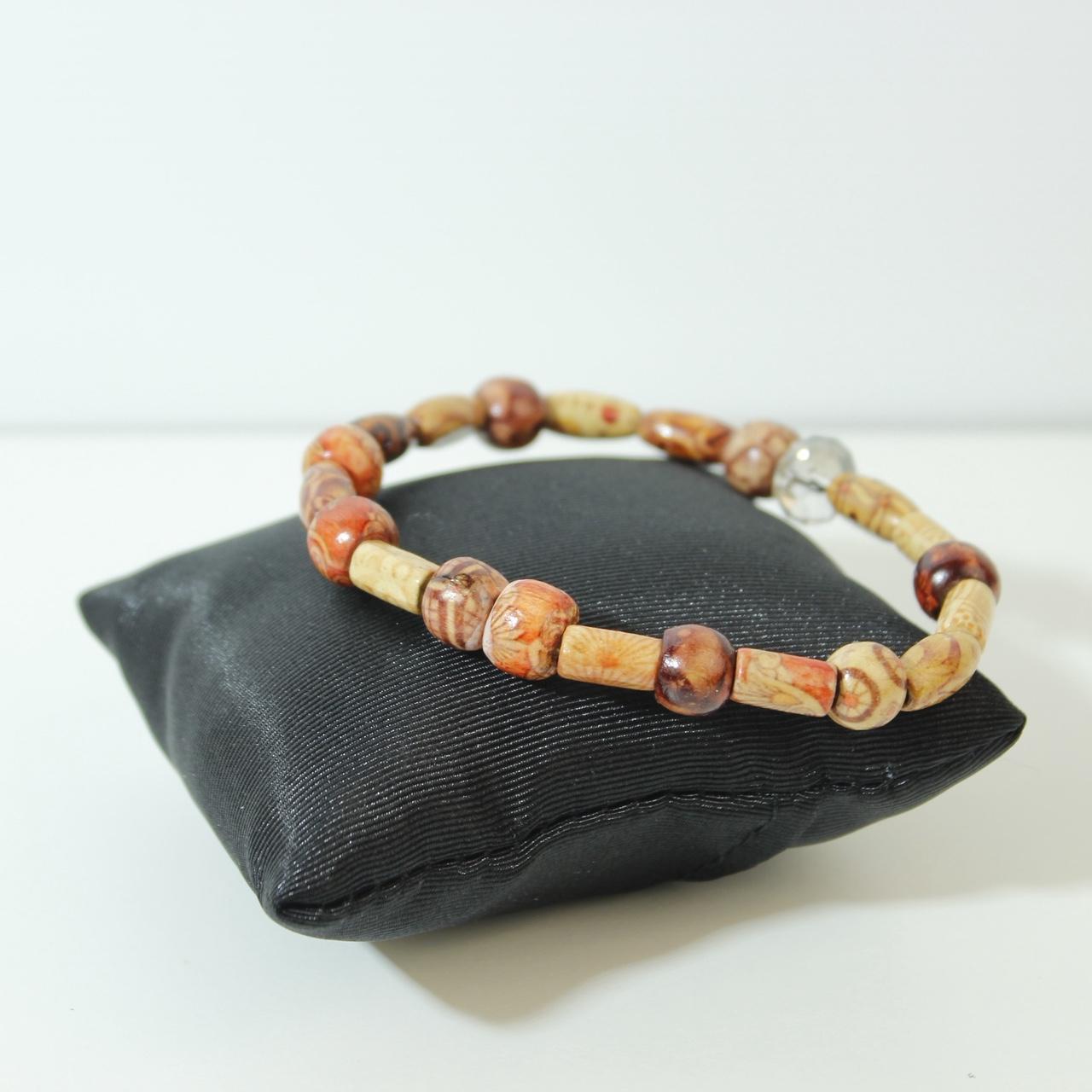 Vintage Leopard Skin Beaded Bracelet Wood Barrel Beads