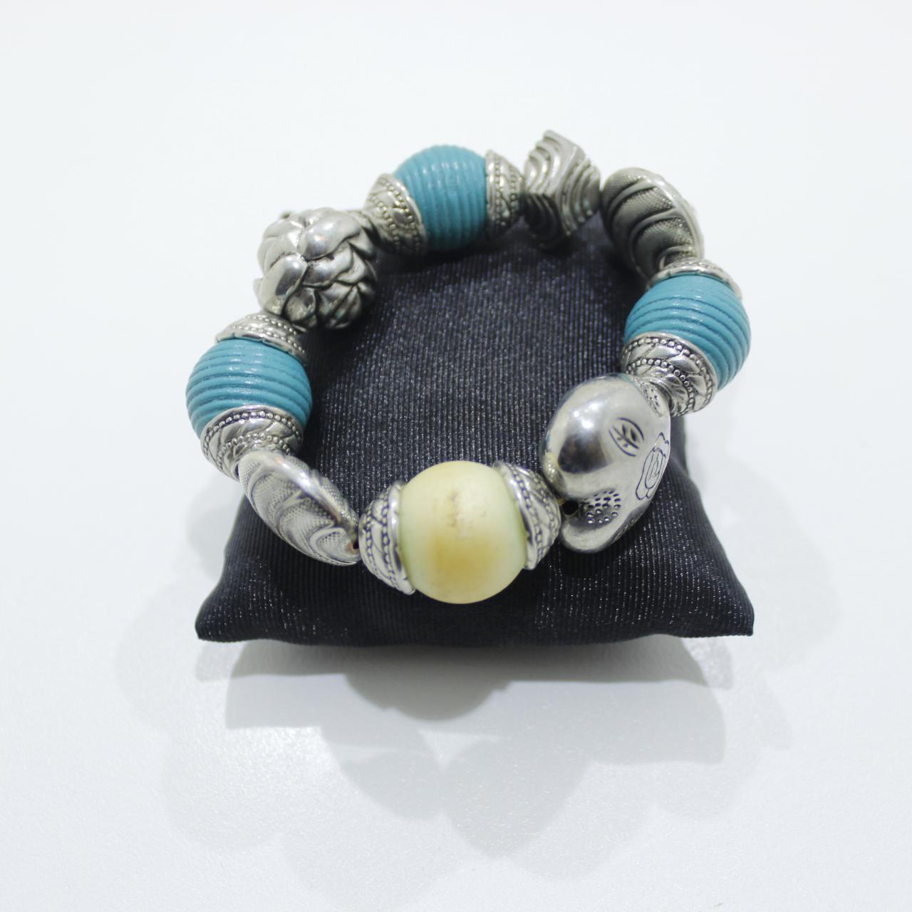 Womens Chunky Stretch Bracelet Silver Tone Turquoise Blue Ro