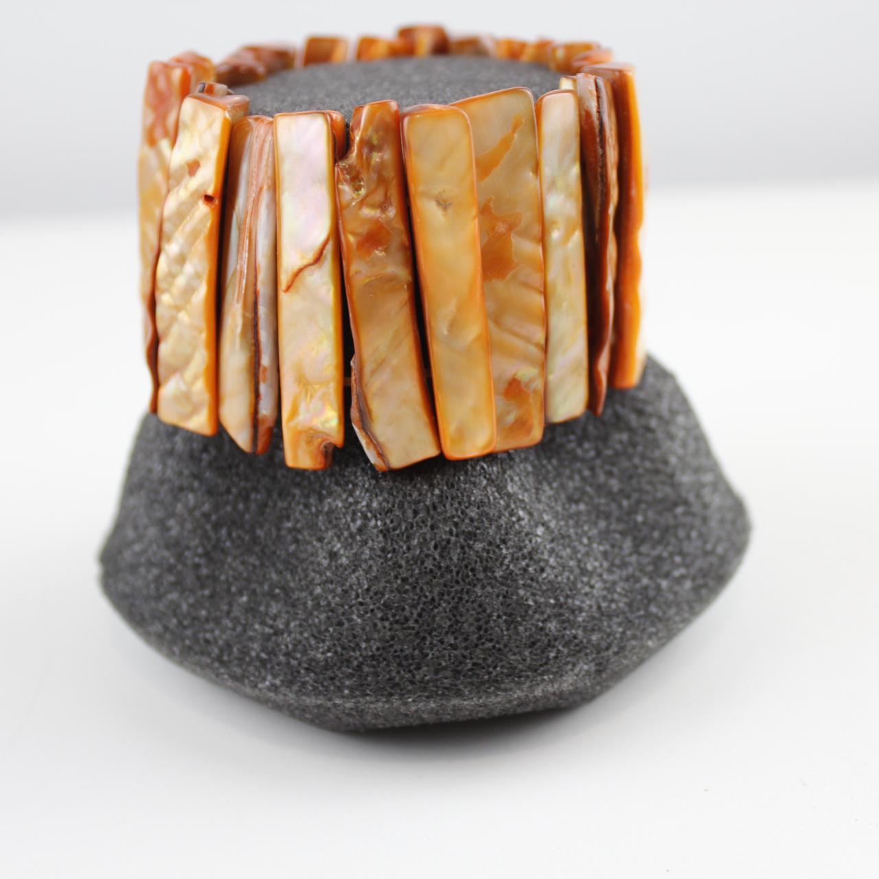 Orange Abalone Shell Bead Bracelet Rectangular Tile Boho Sta
