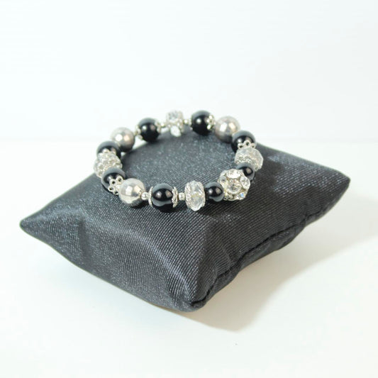Black Beaded Stretch Bracelet Silver tone Floral Rhinestone Statement Boho