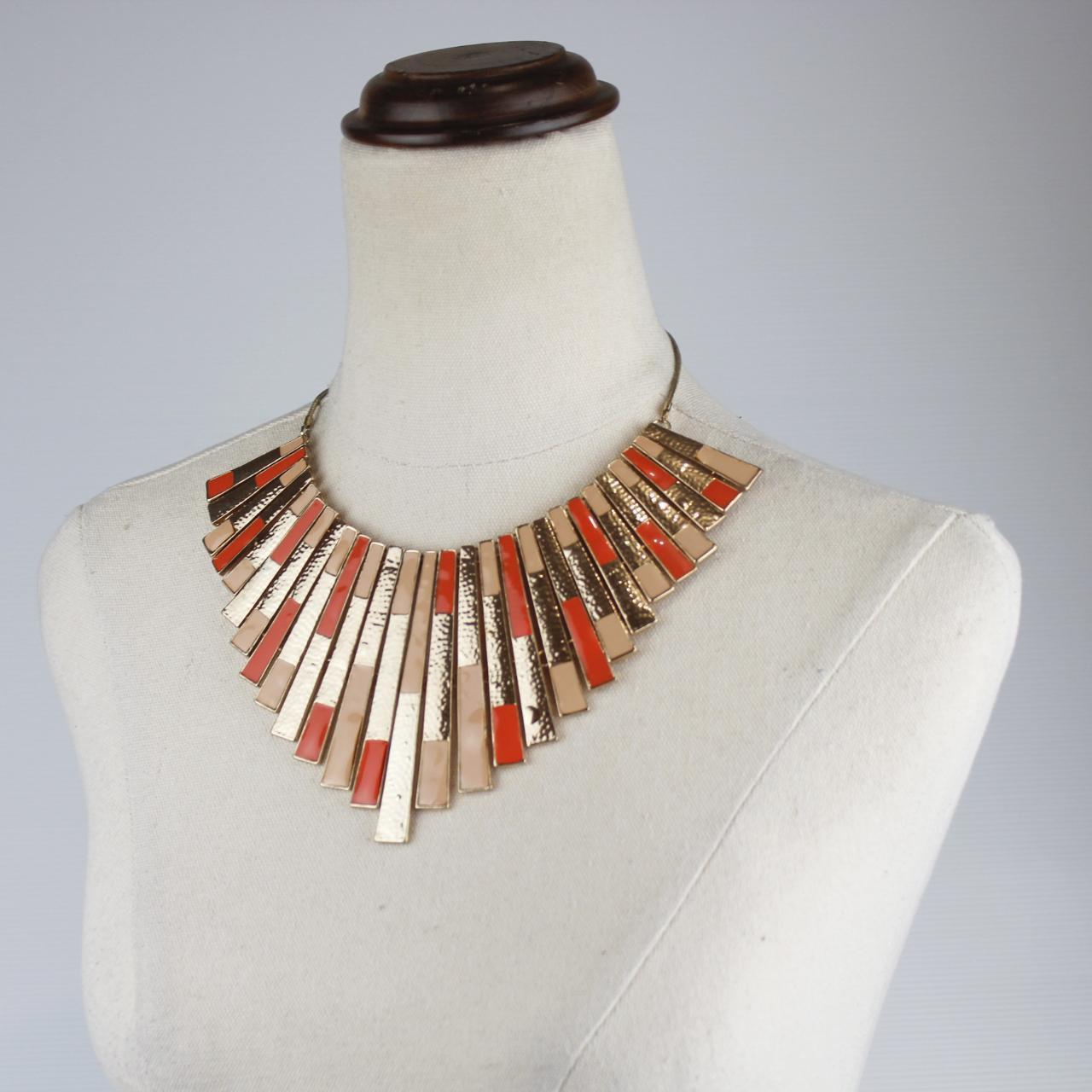 Statement Necklace Gold Orange Red Fan Shape Vintage Fashion